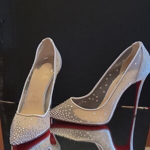 Christian Louboutin Follies Crystal Embellished Silver Pumps 100 Heel Sz38.5